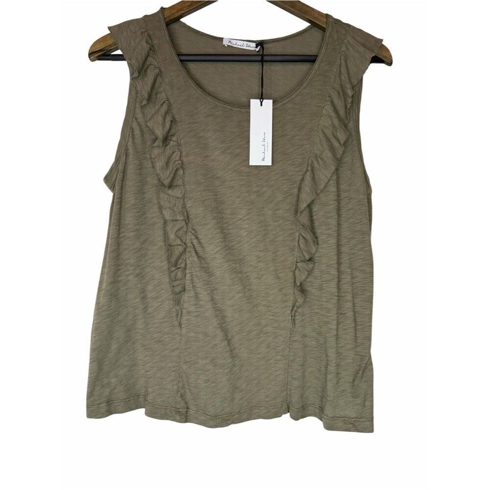 NWT Michael Stars Sophie Tank OS Olive Green Ruffle Supima Cotton Slub Tee Top